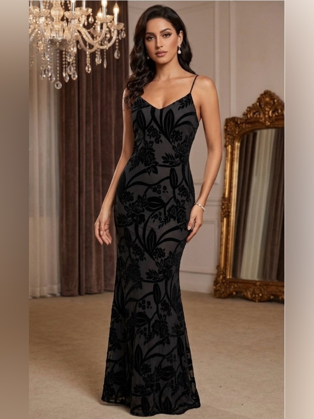 VNTG  Niki Livas Small Whimsigoth Burnout Velvet Prom Gown Elegant Black Tie